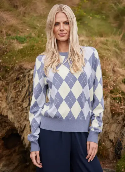 Cashmere Wool Argyle Crew Neck Sweater